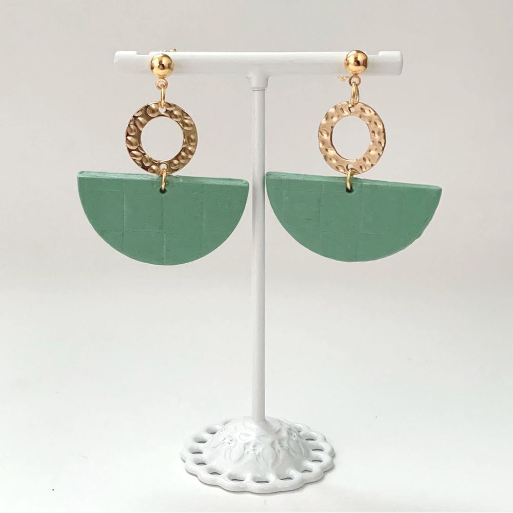 💚Sage Green Clay Earrings Semi Circle with gold ring dangle hypoallergen…